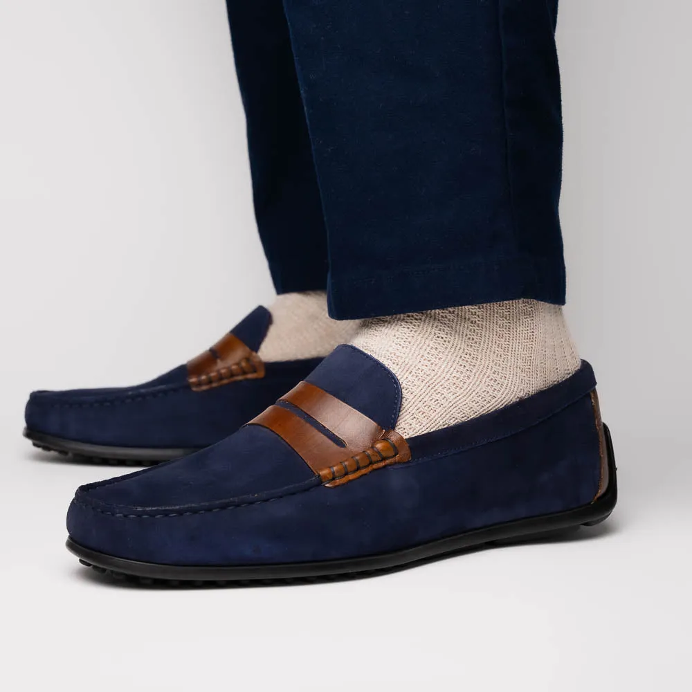 36-300-NVY MONZA Sueded Italian Calfskin Driver Navy / Chestnut