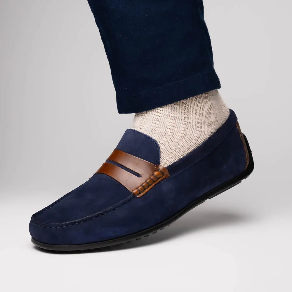 36-300-NVY MONZA Sueded Italian Calfskin Driver Navy / Chestnut