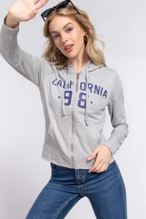 Active Basic California Zip Up Drawstring Long Sleeve Hoodie