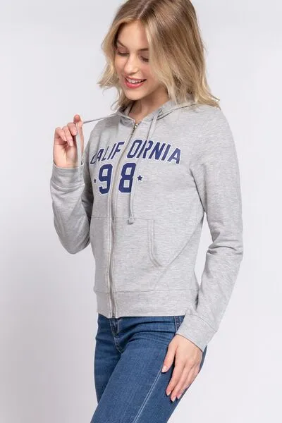 Active Basic California Zip Up Drawstring Long Sleeve Hoodie