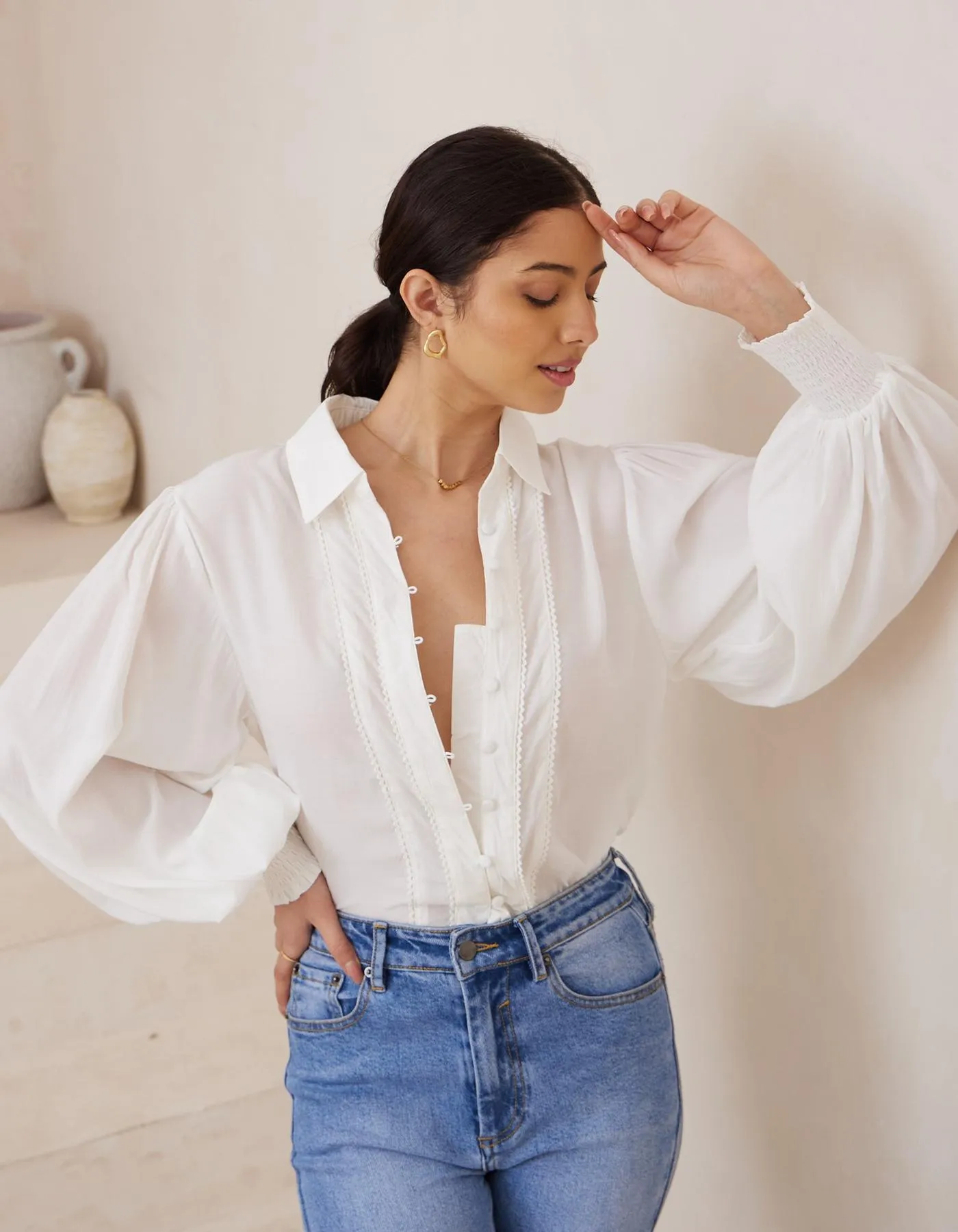 Arlena Long Sleeve Button Front Blouse in White