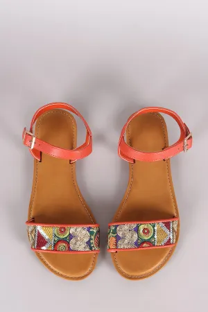 Bamboo Embroidered Sequin Ankle Strap Flat Sandal