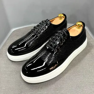 Black Patent Leather Lace-Up Sneakers