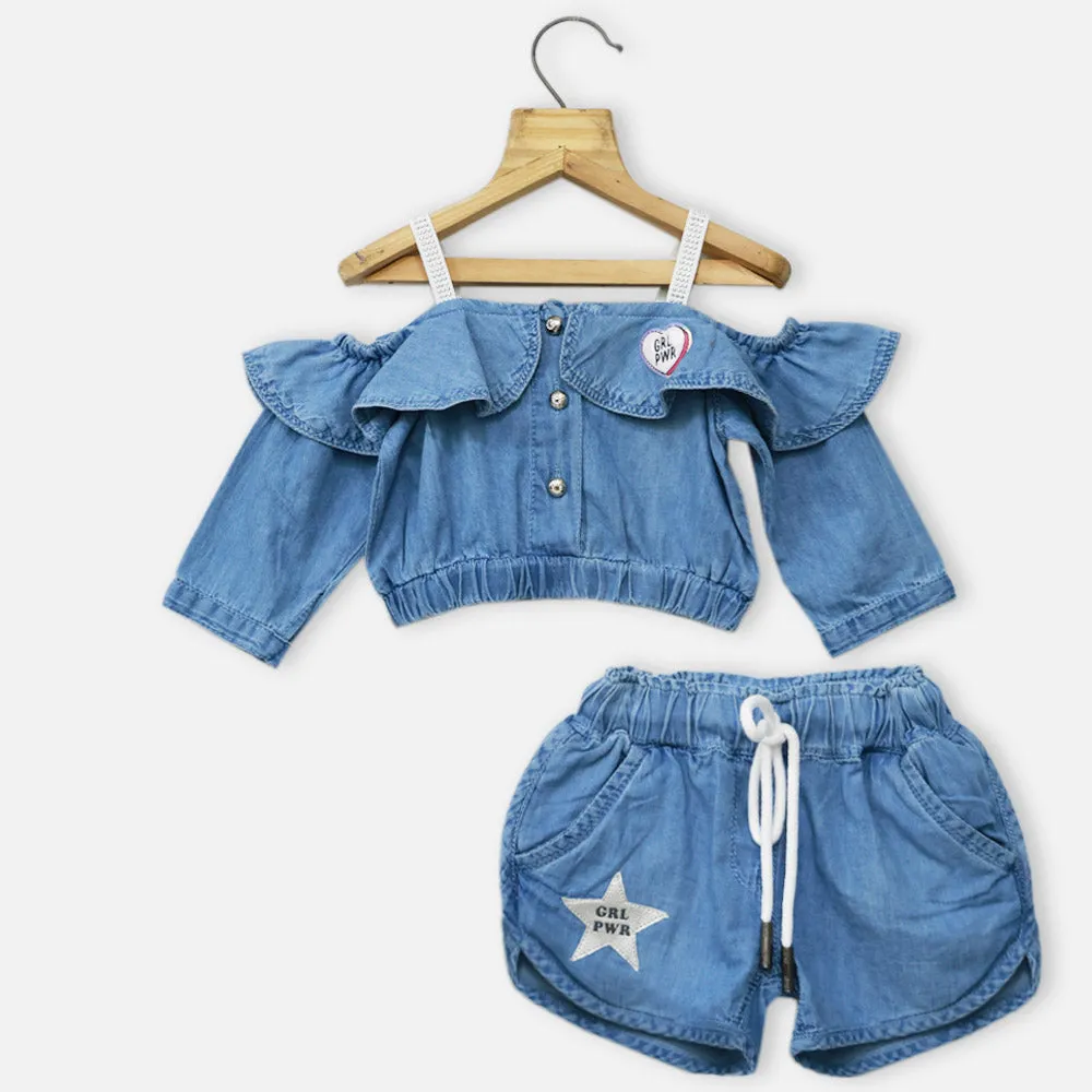 Blue Cold Shoulder Crop Top With Shorts Co-Ord Set