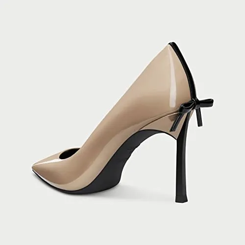 Castamere Women High Stiletto Heel Pointed Toe Pumps Slip-on Bow-Knot Wedding Sexy Dress 3.3 Inches Heels Beige Patent