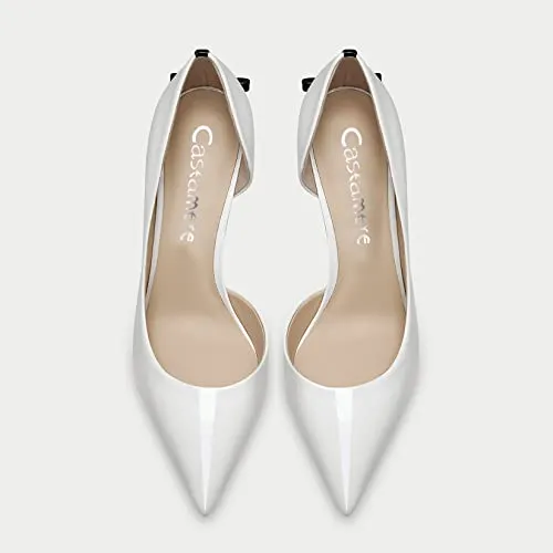 Castamere Women High Stiletto Heel Pointed Toe Pumps Slip-on Bow-Knot Wedding Sexy Dress 3.3 Inches Heels White Patent