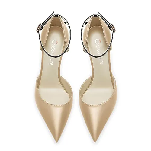 Castamere Women Stiletto High Heel Pointed Toe Pumps Ankle Strap Two-Piece Bow-Knot Wedding Dress 3.3 Inches Heels Beige