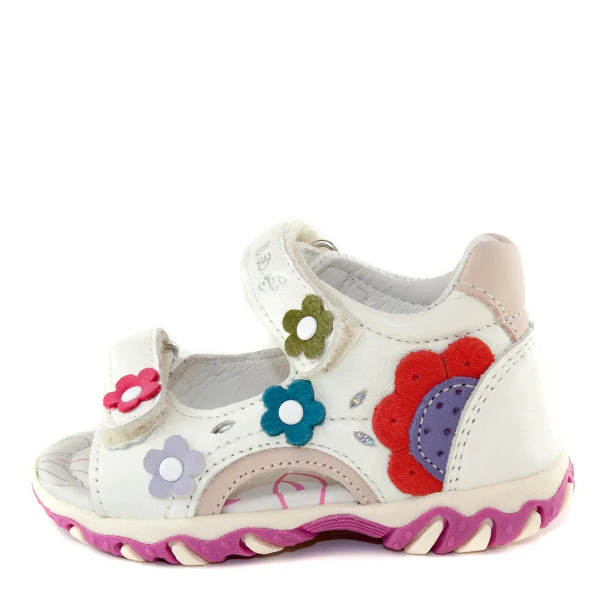 D.D. Step Girls Sandals White With Colourful Flowers - Supportive Leather Shoes From Europe Kids Orthopedic