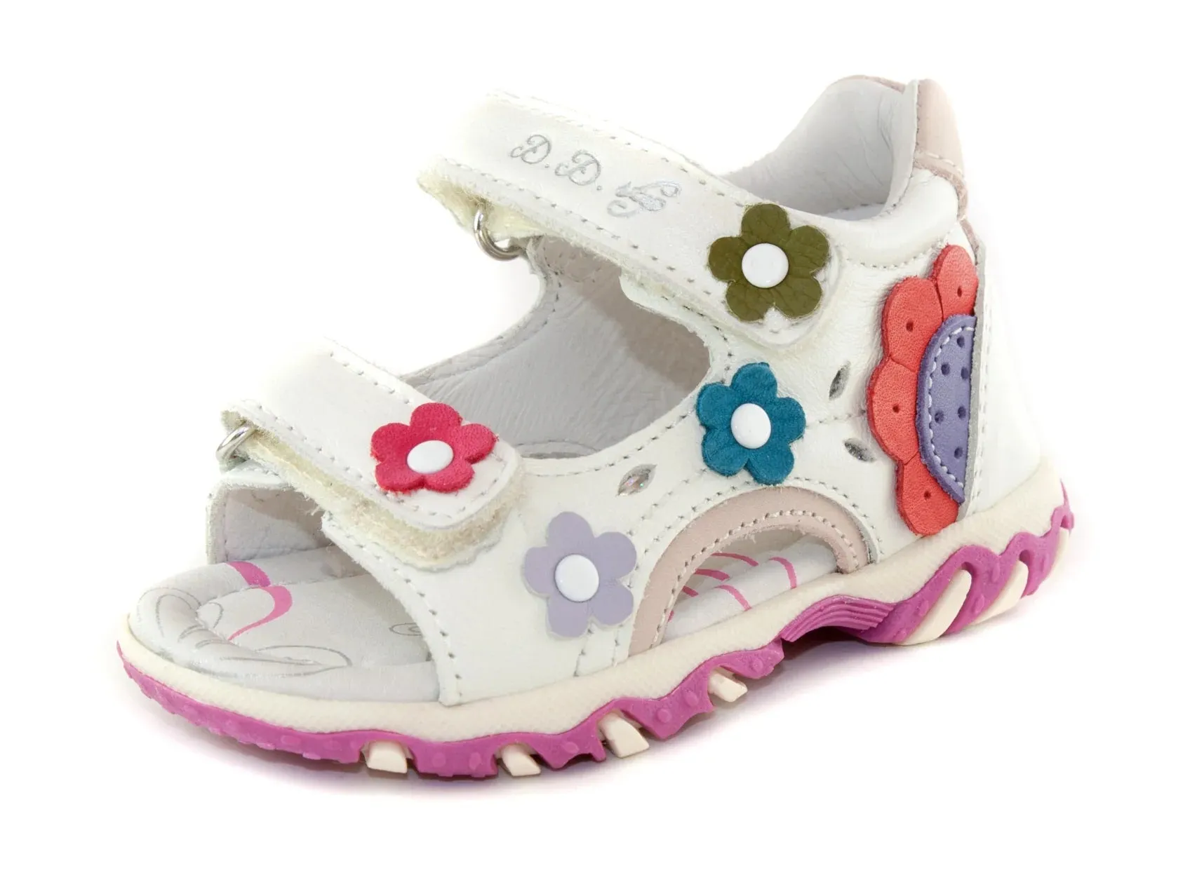 D.D. Step Girls Sandals White With Colourful Flowers - Supportive Leather Shoes From Europe Kids Orthopedic