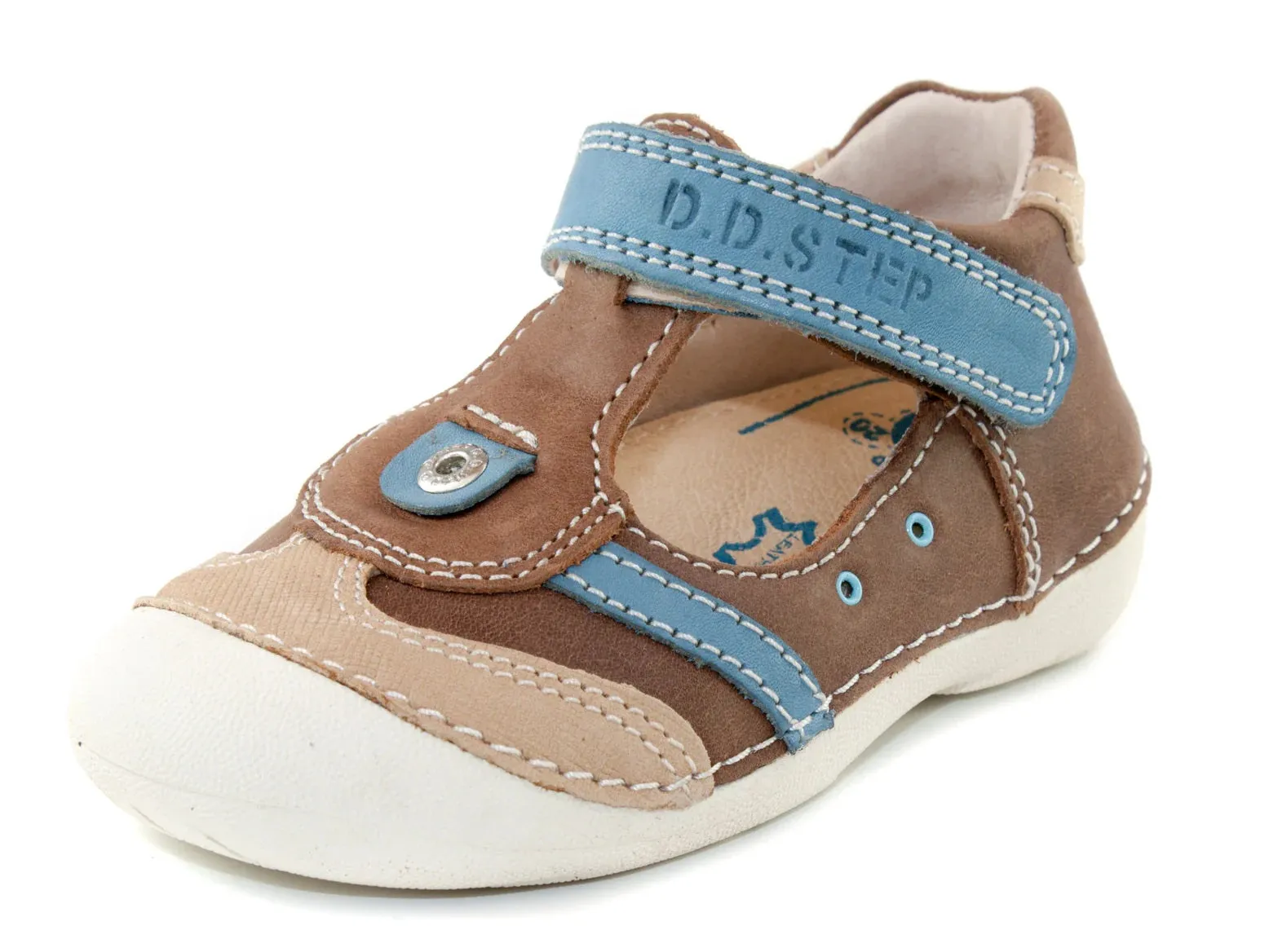 D.D. Step Toddler Single Strap Boy Sandals/Open Shoes Brown With Blue Details - Supportive Leather From Europe Kids Orthopedic