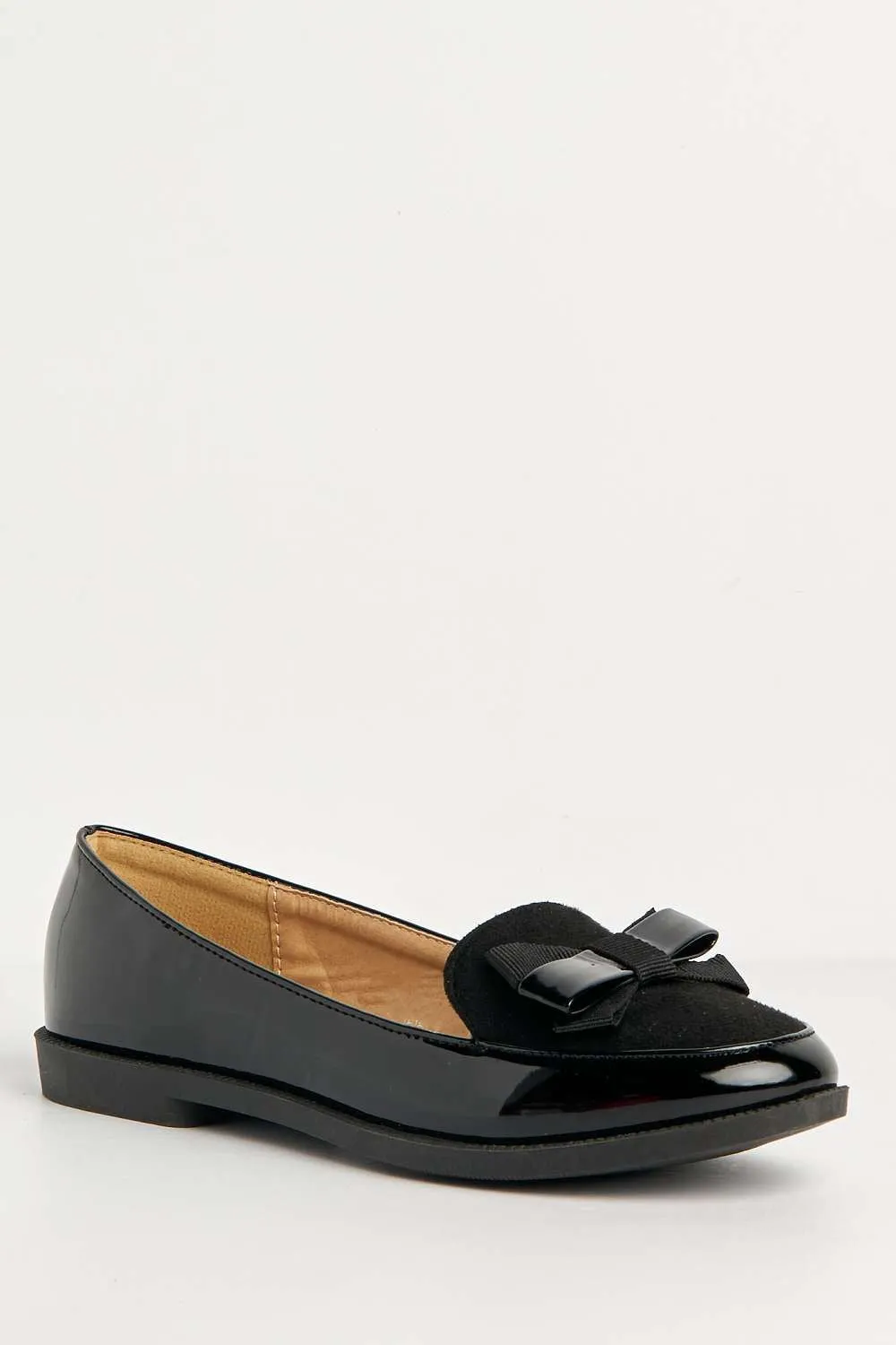 Eirina Bow Detail Flat Loafers in Black Patent