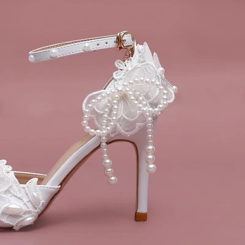 Elegant Pearl Lace Flower Wedding Shoes High Heels