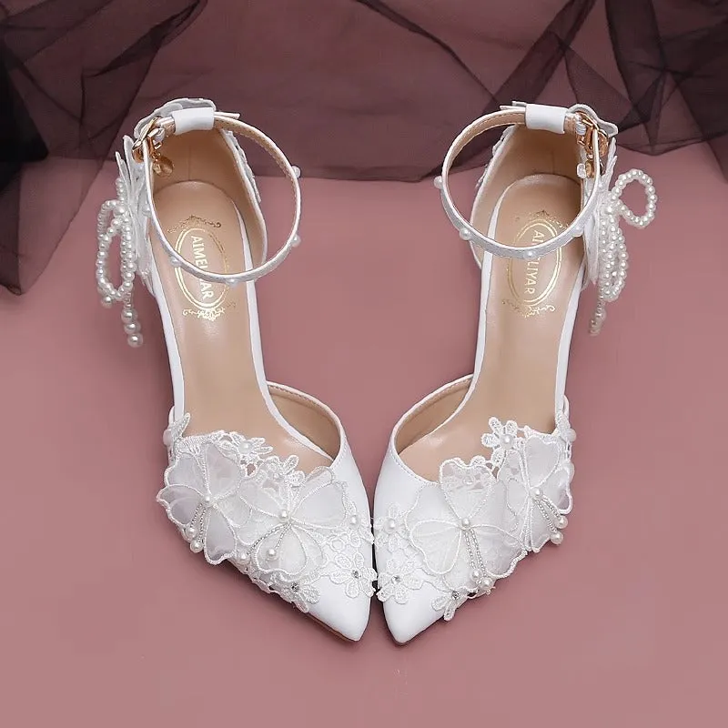 Elegant Pearl Lace Flower Wedding Shoes High Heels