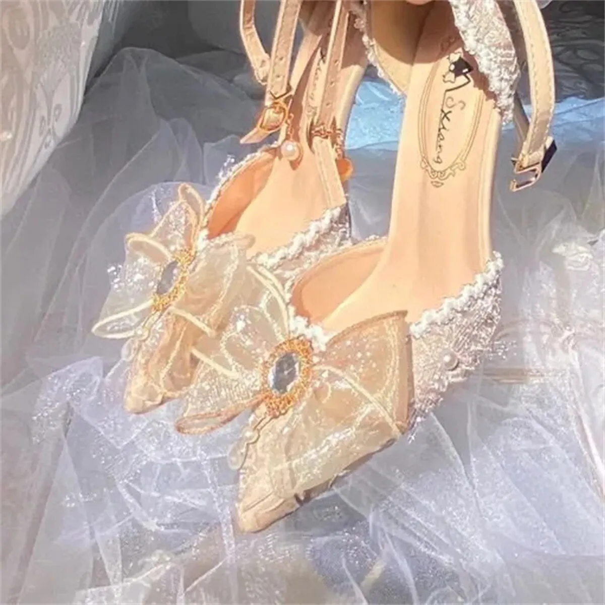 Elegant Retro Lolita Court Style Cosplay Flower Wedding Girl Gorgeous Satin Bow Pearl Gem Ribbon Flower 8.5cm High Heels Shoes