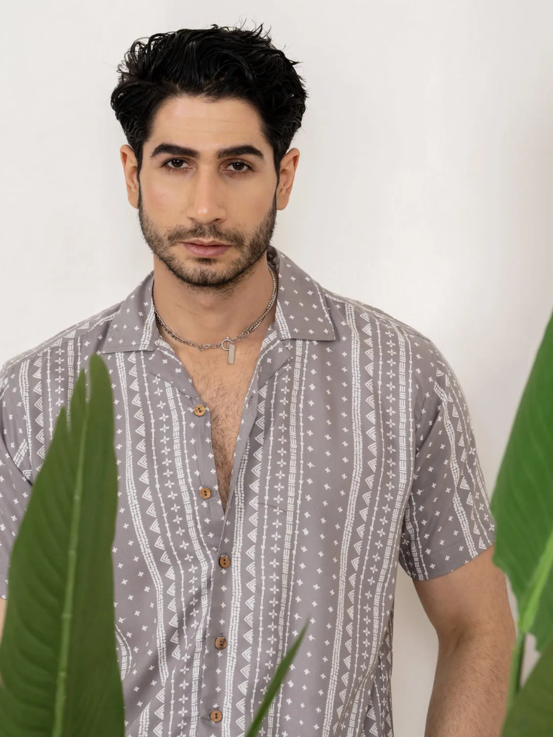 Firangi Yarn Printed Cuban Collar Grey Mandala Floral Summer Lounge and Beach Co-ord Set For Men