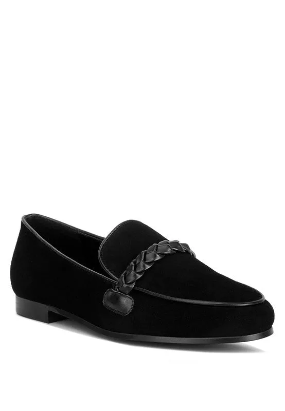 Genuine Suede Leather Braided Detail Loafers