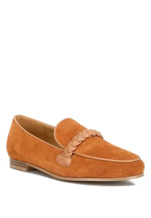 Genuine Suede Leather Braided Detail Loafers