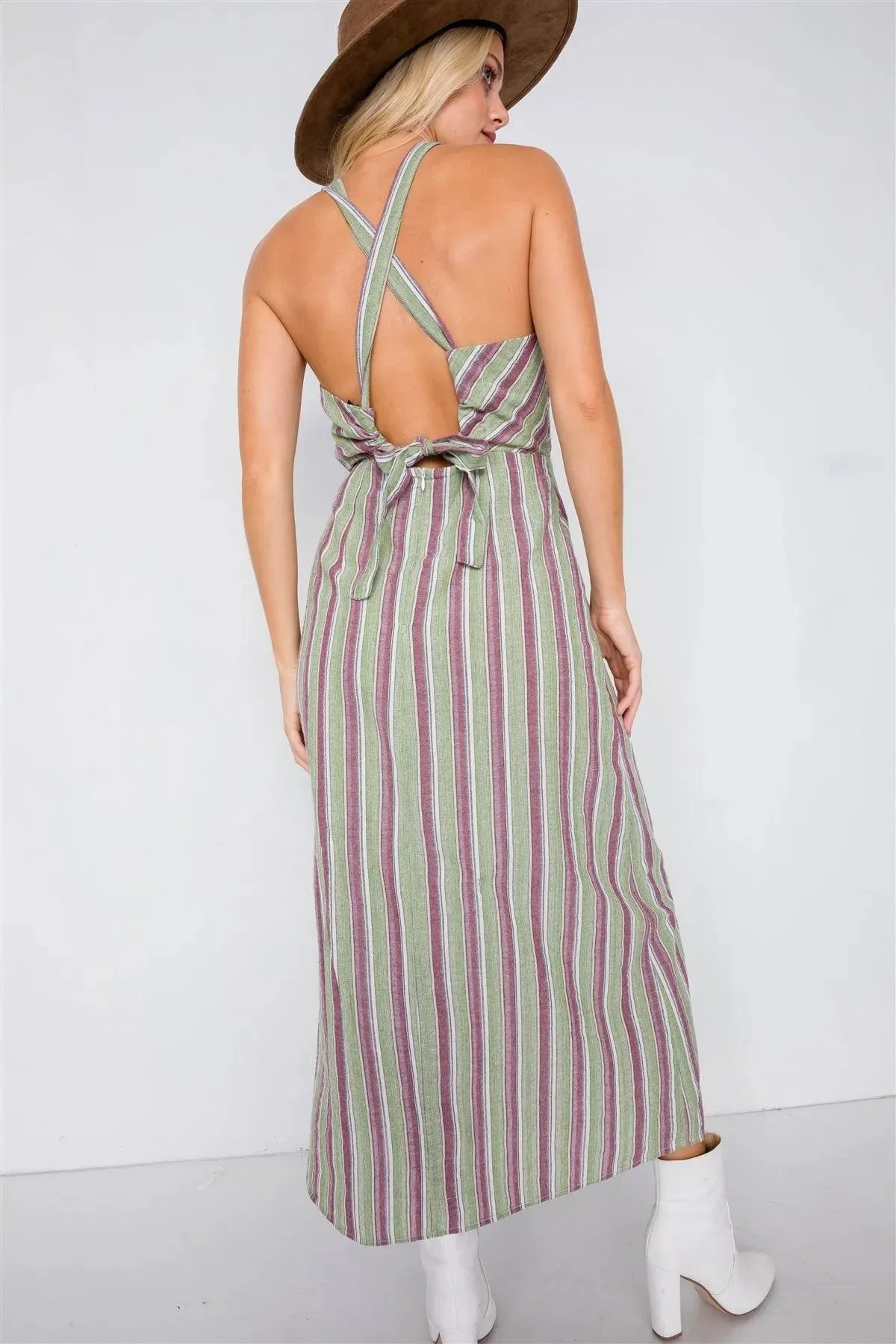 Green Multi Stripe Wooden Center Cut Out Halter Maxi Dress