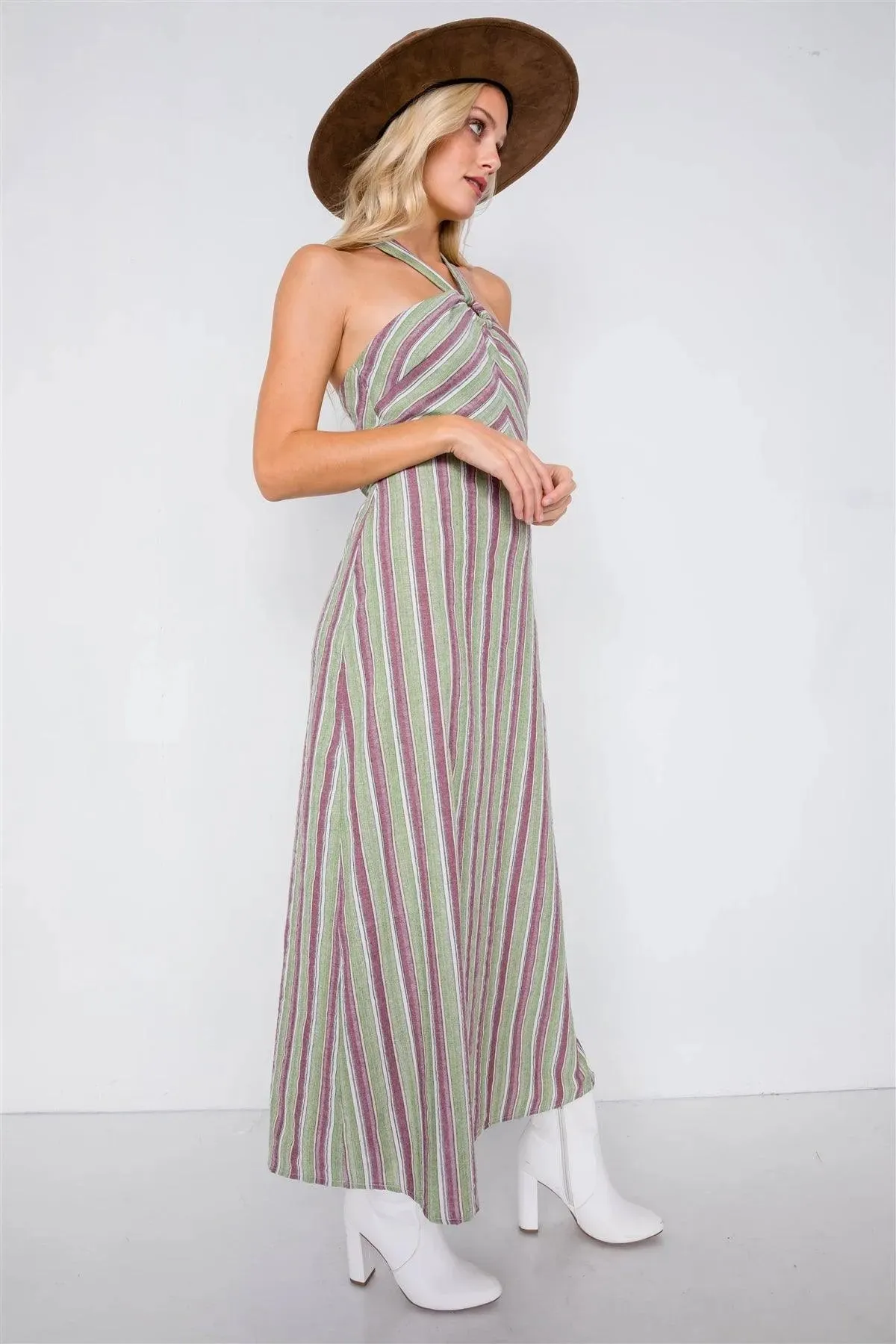 Green Multi Stripe Wooden Center Cut Out Halter Maxi Dress