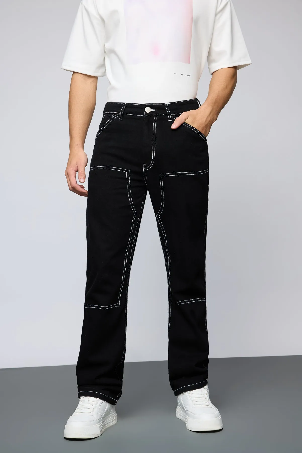 Jet Black Contrast Stitch Men's Straight Jeans