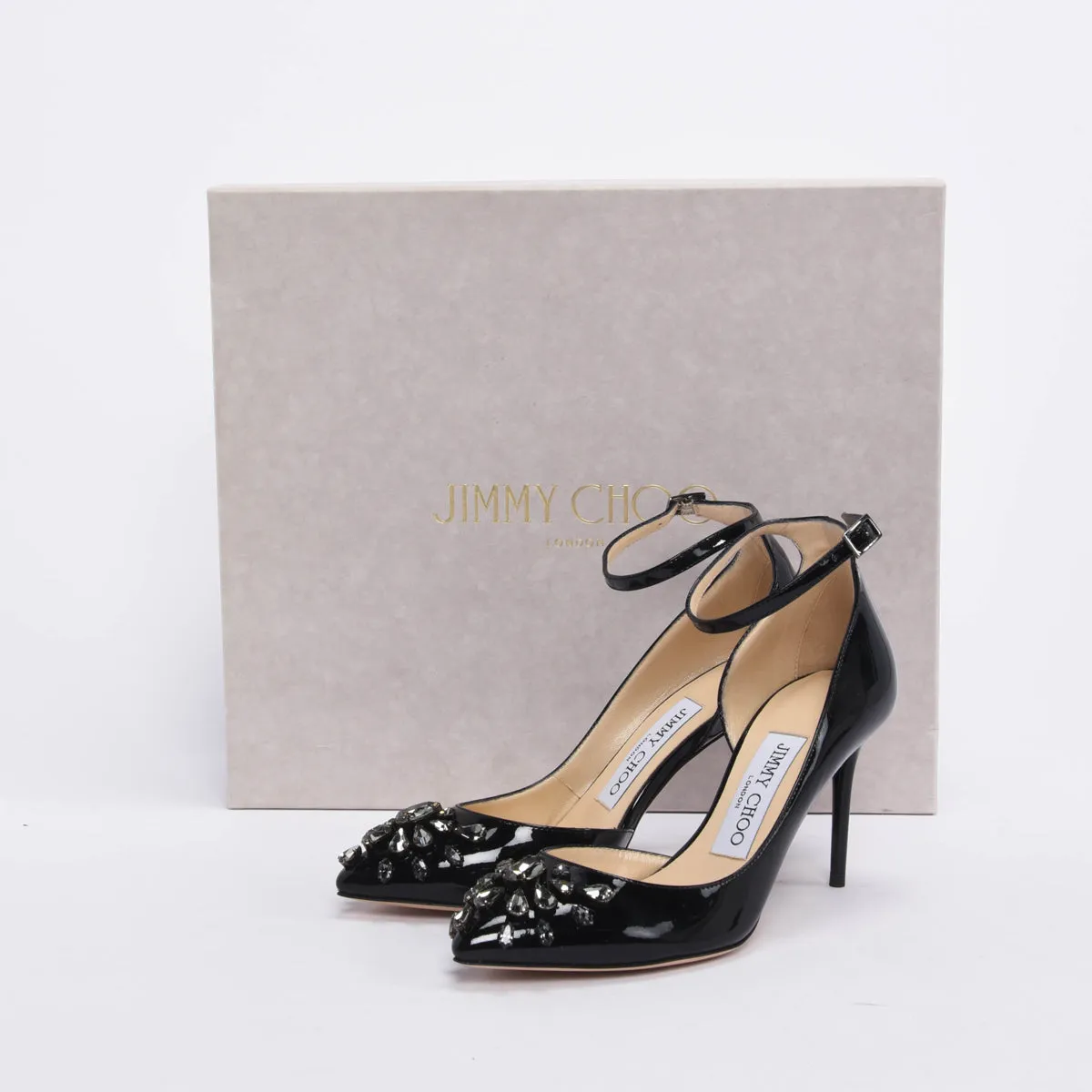 Jimmy Choo Black Patent Crystal Embellished Lucy Pumps 34