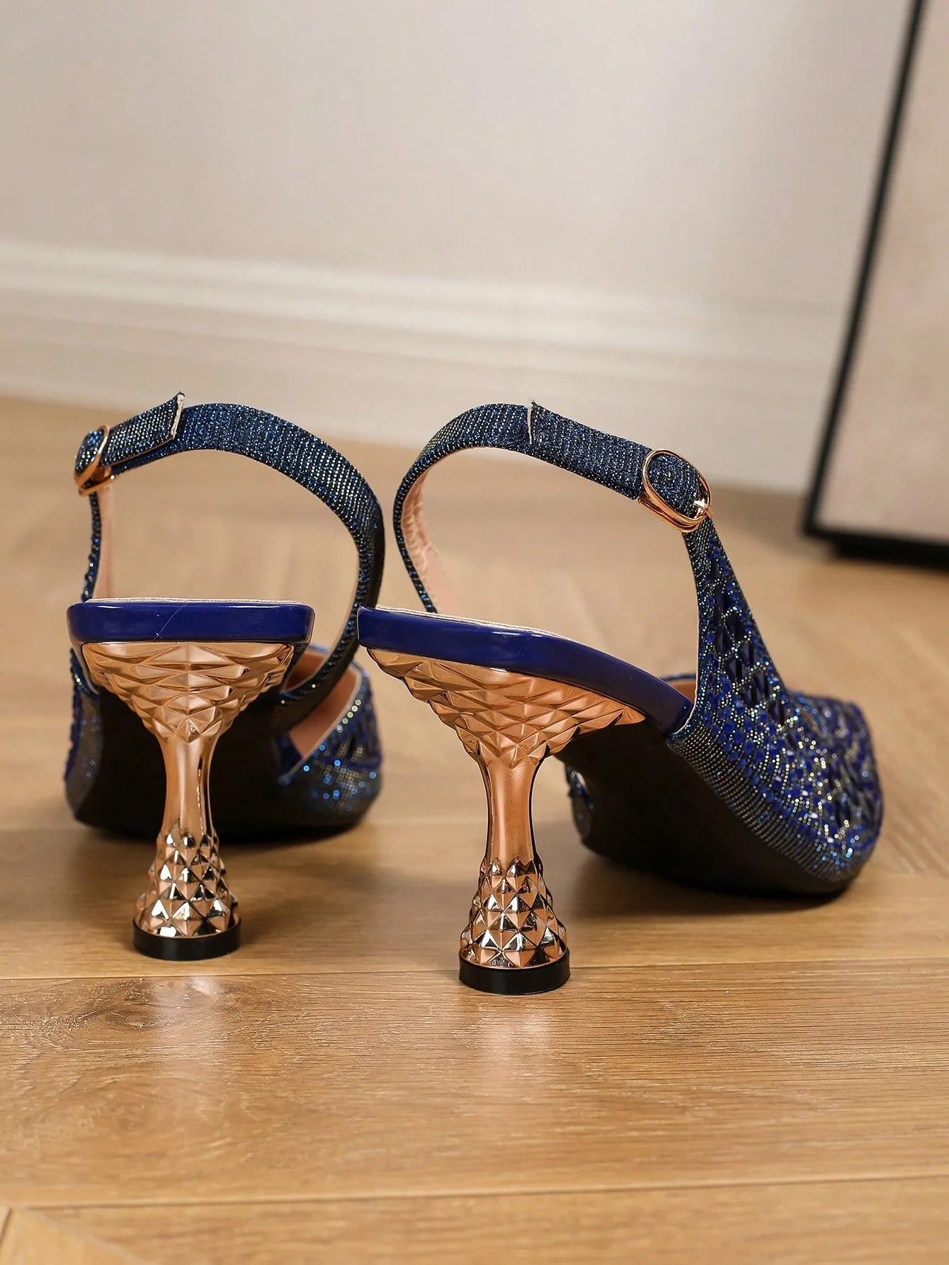 Ladies' Elegant Blue Rhinestone Pointed Toe High Heels With Ankle Strap