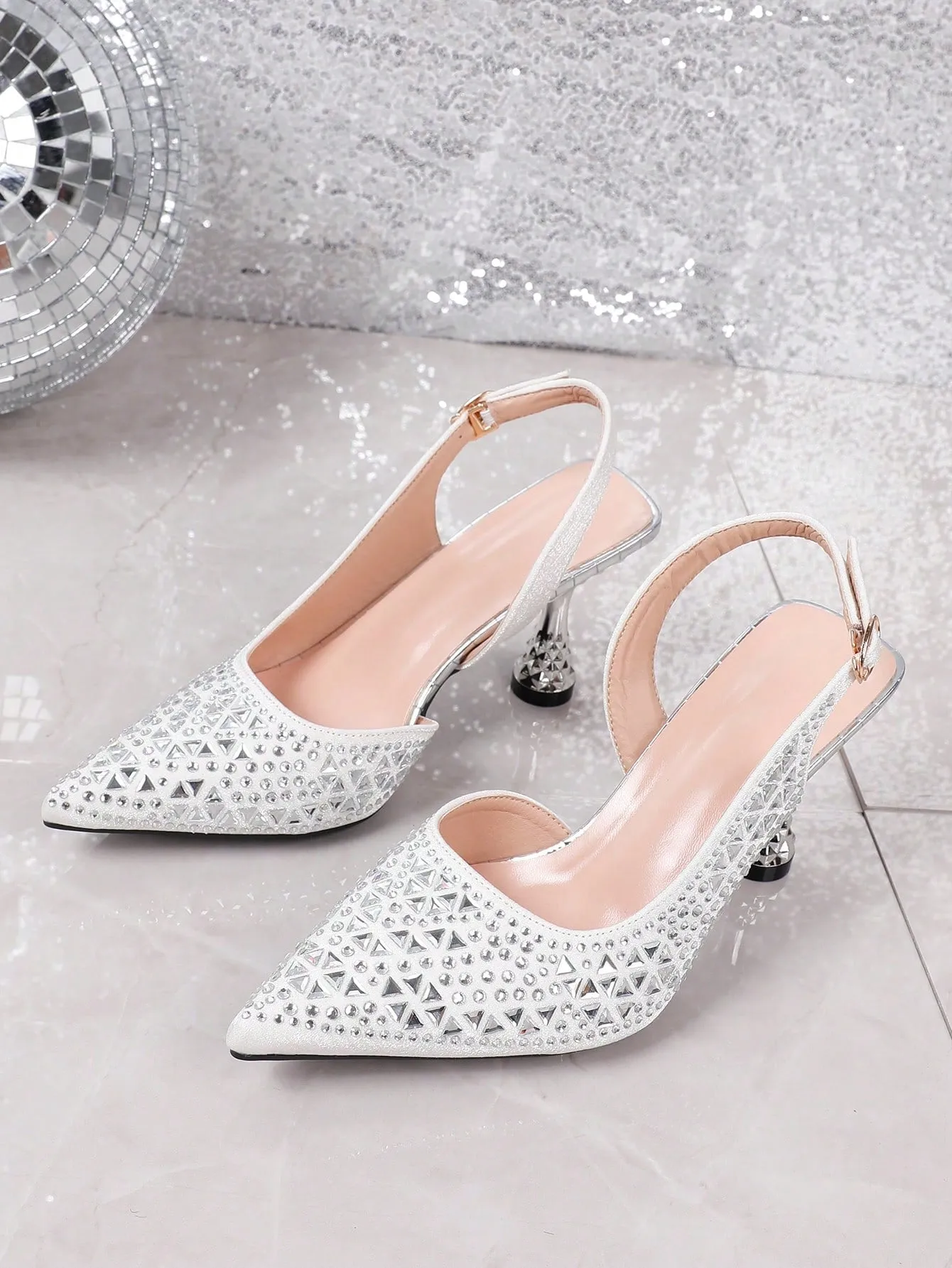 Ladies' Elegant Blue Rhinestone Pointed Toe High Heels With Ankle Strap