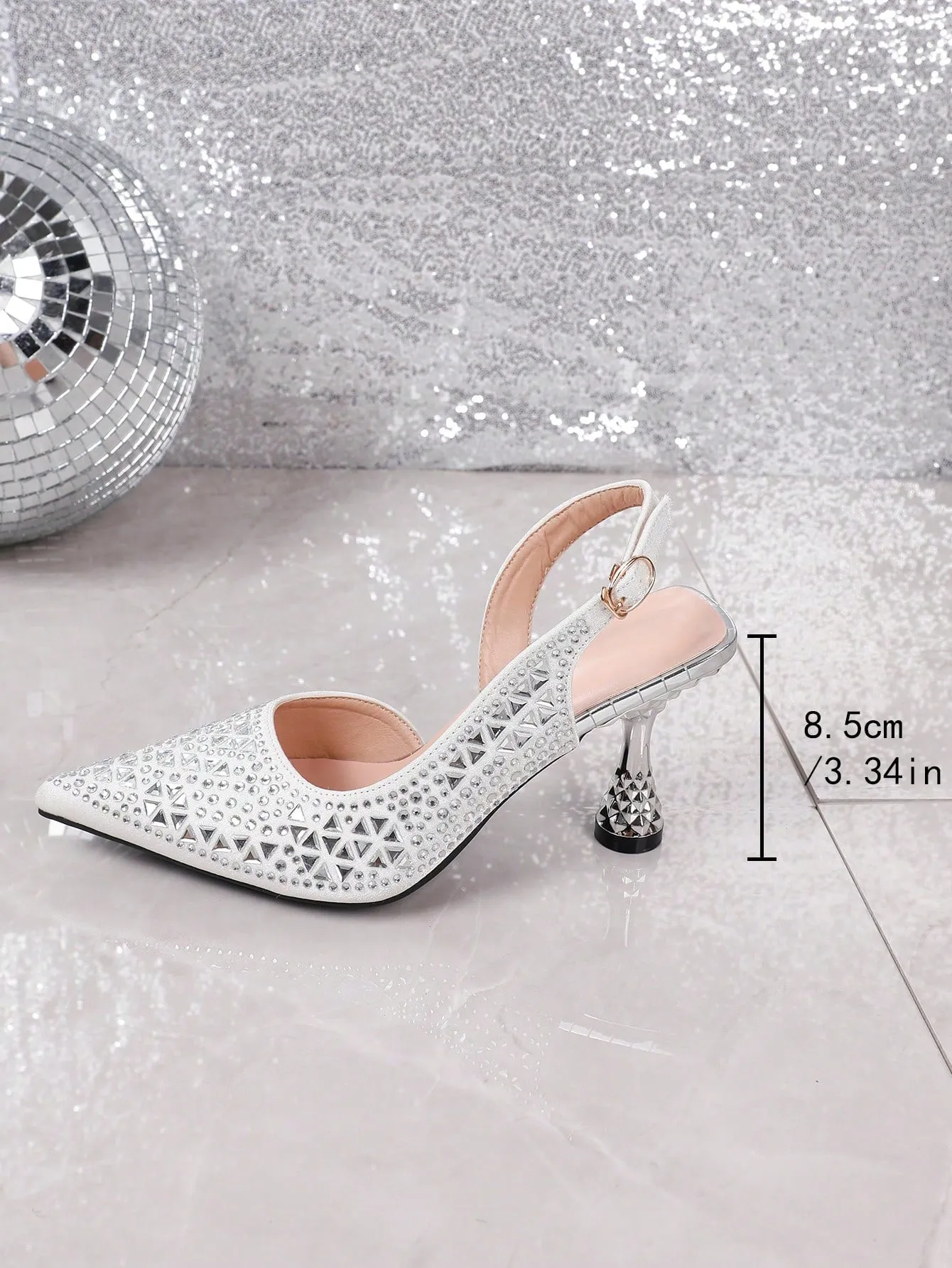 Ladies' Elegant Blue Rhinestone Pointed Toe High Heels With Ankle Strap