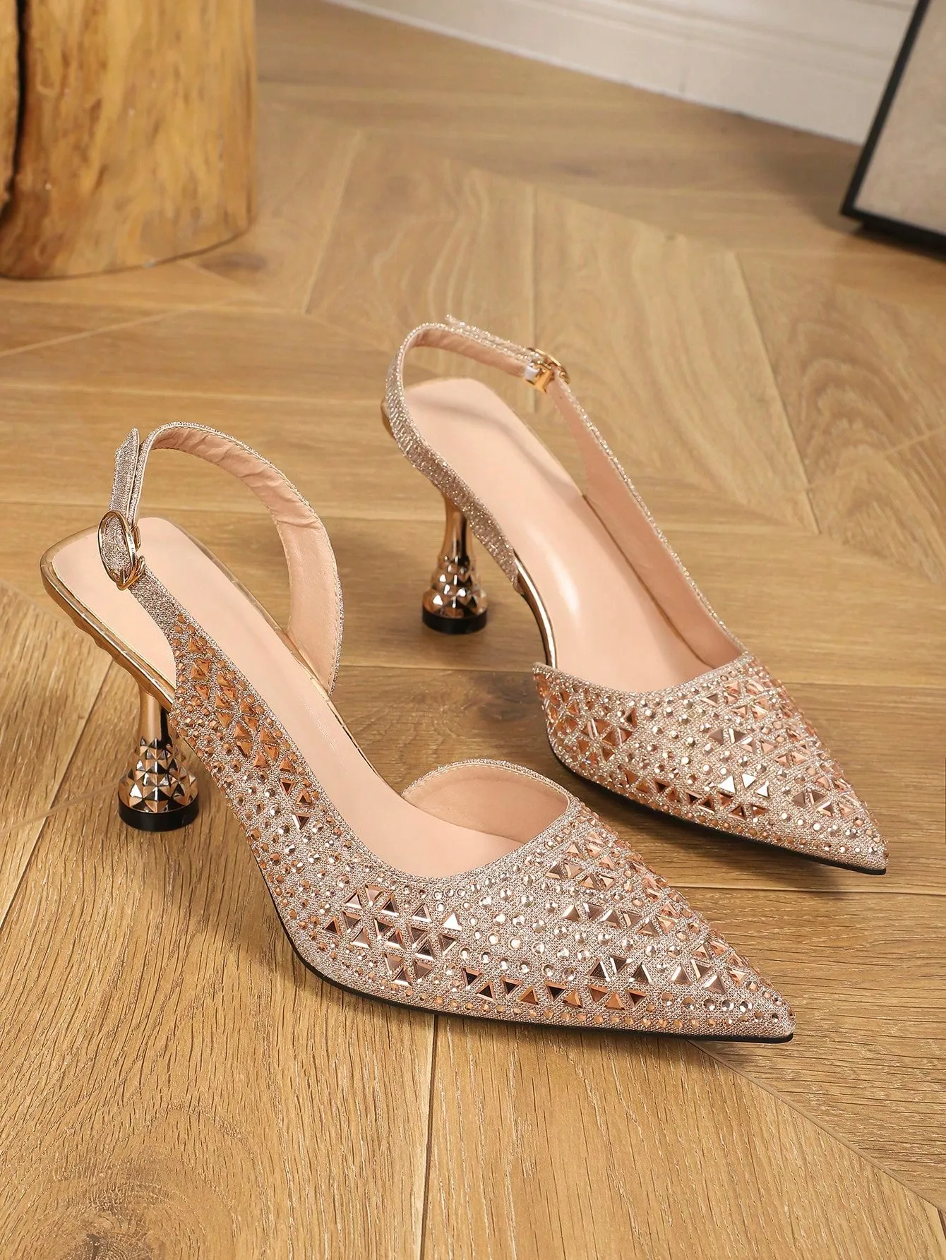 Ladies' Elegant Blue Rhinestone Pointed Toe High Heels With Ankle Strap