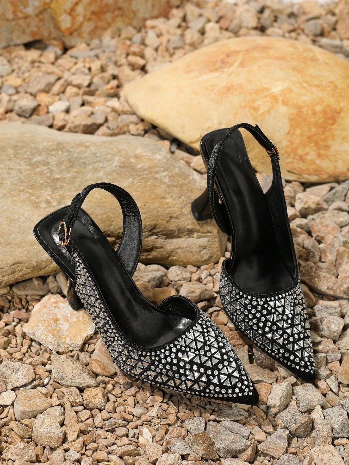 Ladies' Elegant Blue Rhinestone Pointed Toe High Heels With Ankle Strap