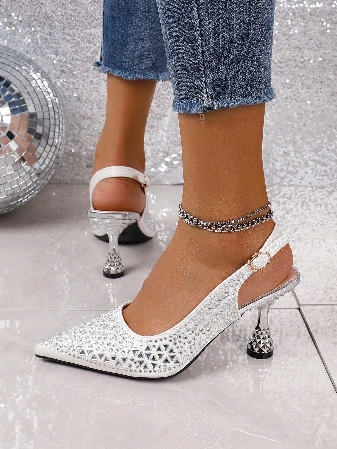 Ladies' Elegant Blue Rhinestone Pointed Toe High Heels With Ankle Strap