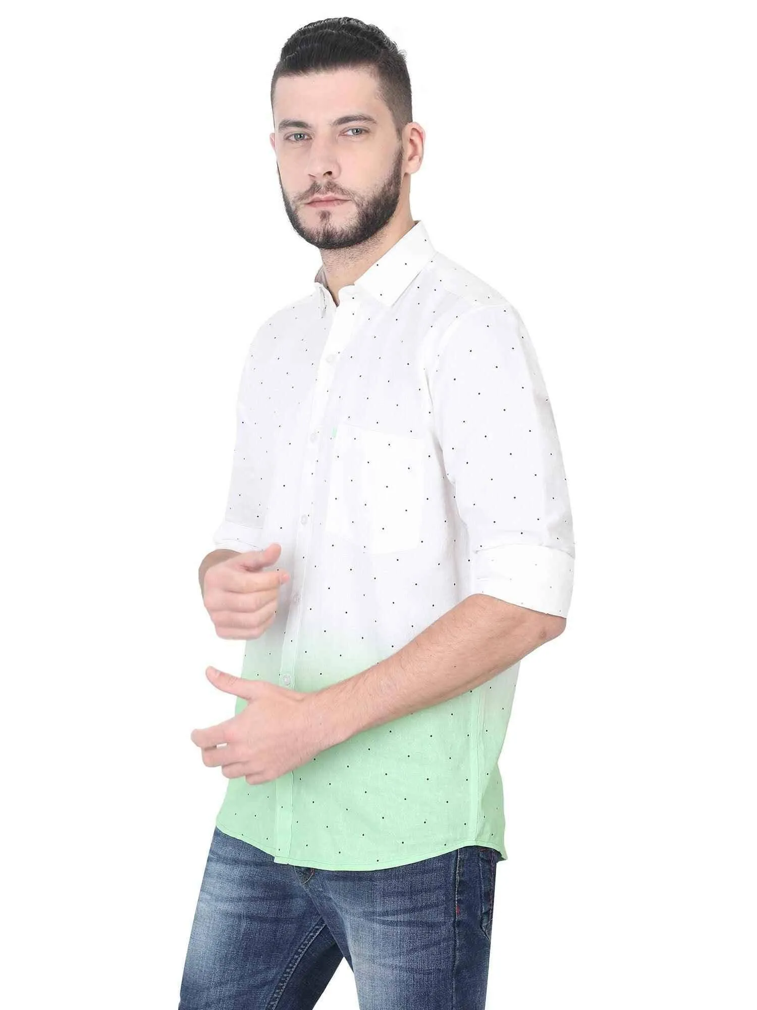 Light Green Ombre Digital Printed Linen Full Shirt