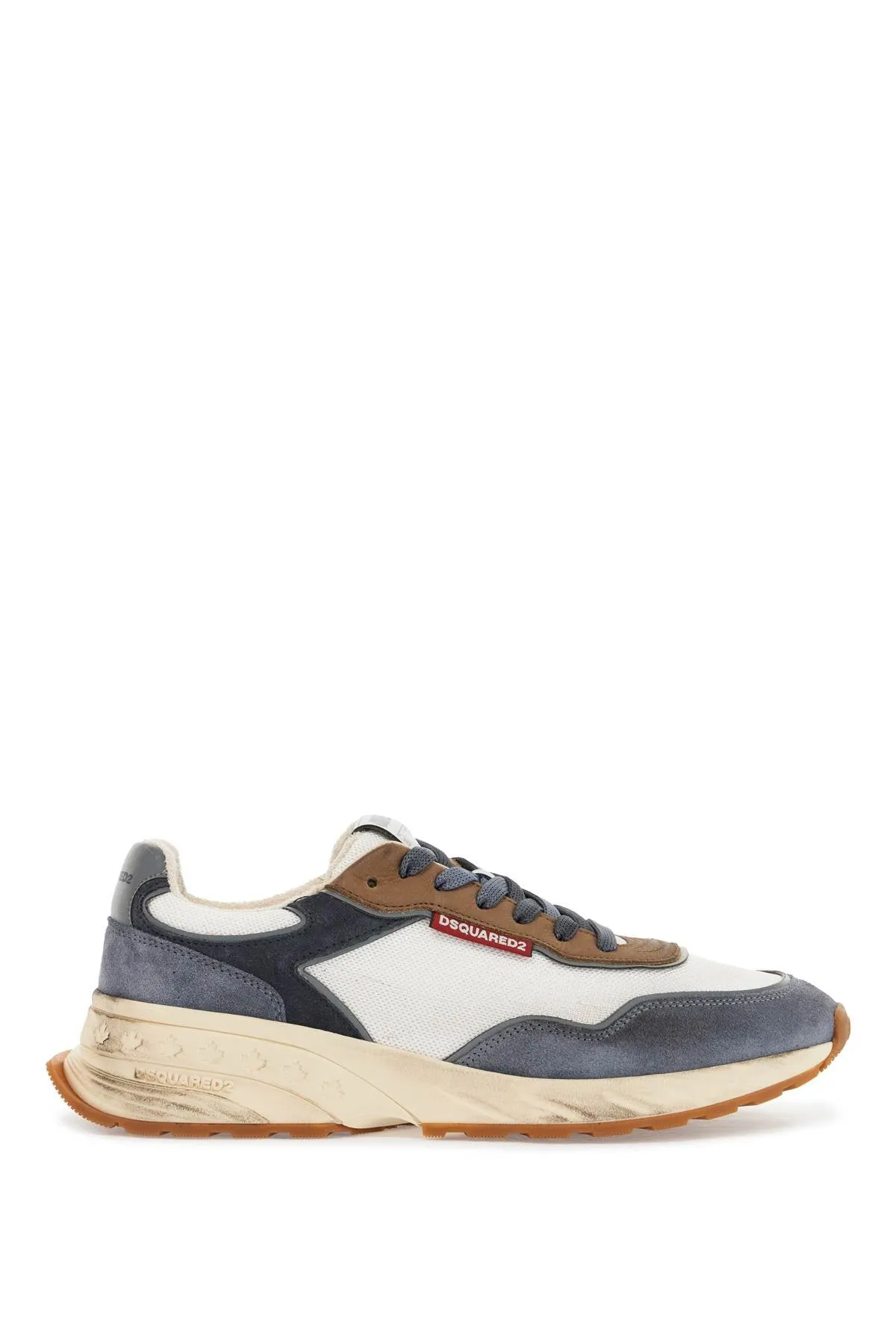 LOW TOP BLUE DENIM SNEAKERS IN LEATHER WITH SUEDE INSERTS AND RUBBER SOLE