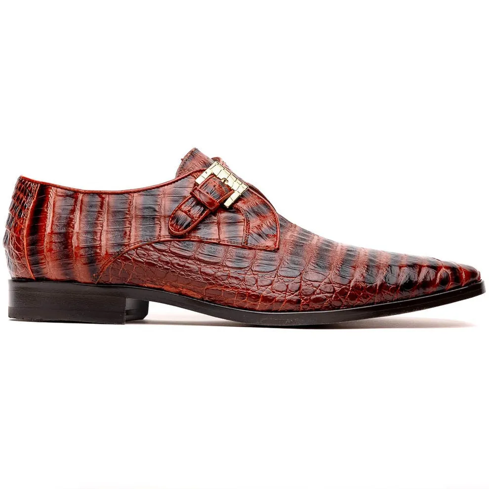 Marco Di Milano Rovigo Men's Shoes Wine Exotic Crocodile Skin Single Monk-Strap Loafers (MDM1000)