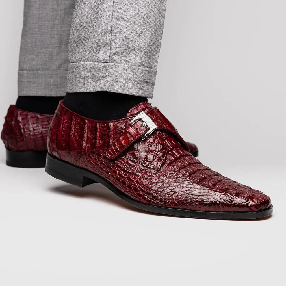 Marco Di Milano Rovigo Men's Shoes Wine Exotic Crocodile Skin Single Monk-Strap Loafers (MDM1000)