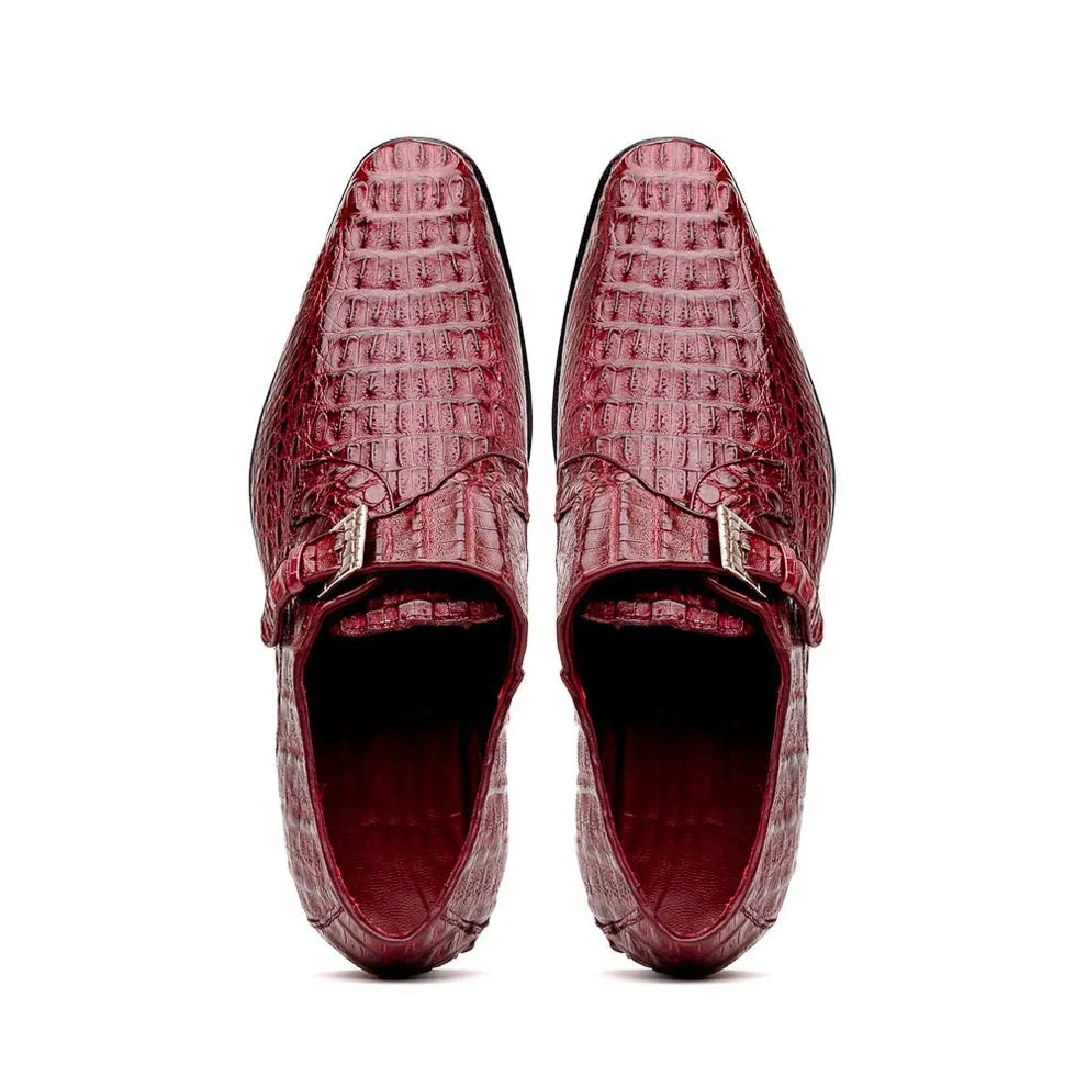 Marco Di Milano Rovigo Men's Shoes Wine Exotic Crocodile Skin Single Monk-Strap Loafers (MDM1000)