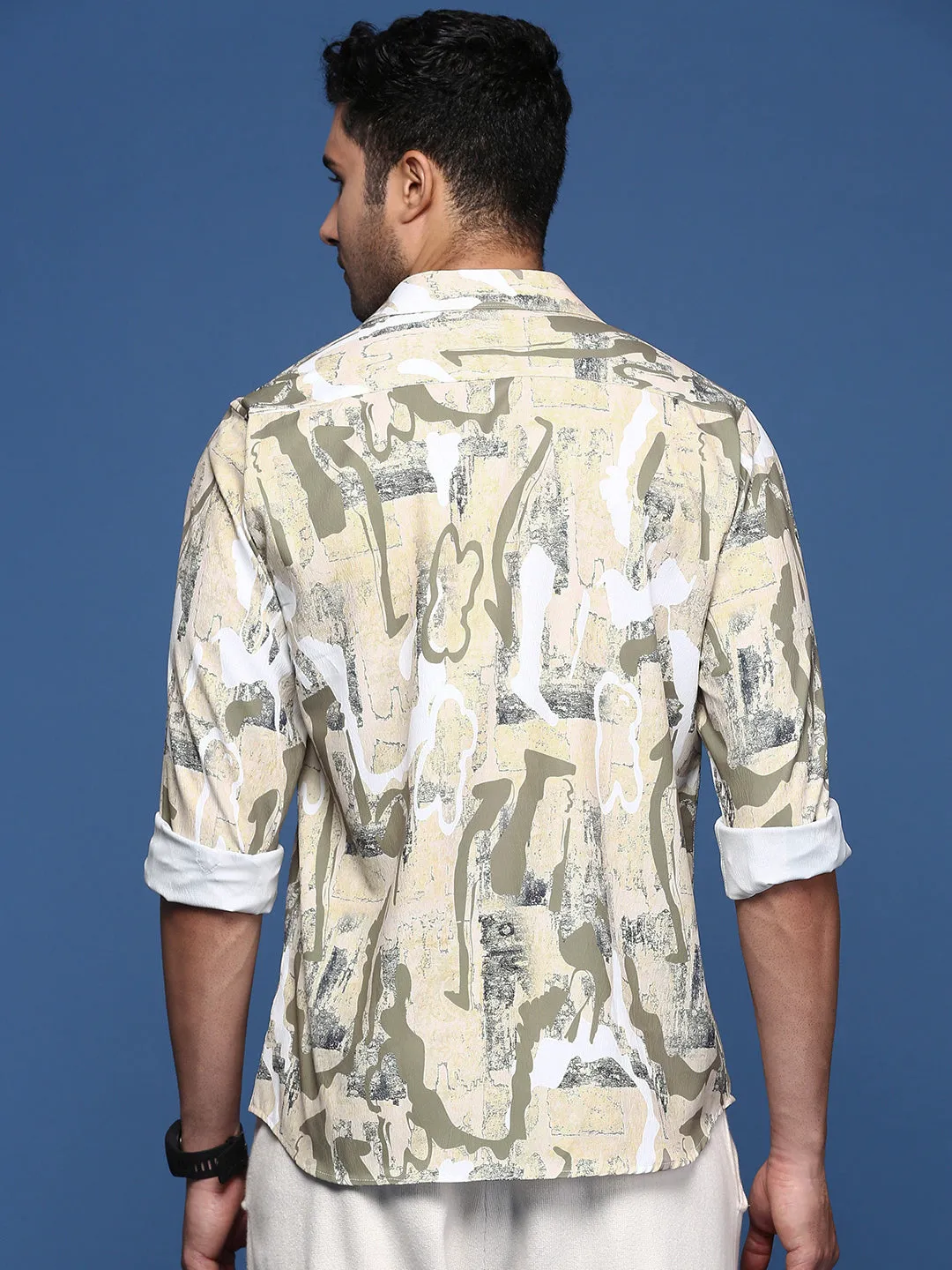 Men Abstract Beige Slim Fit Shirt