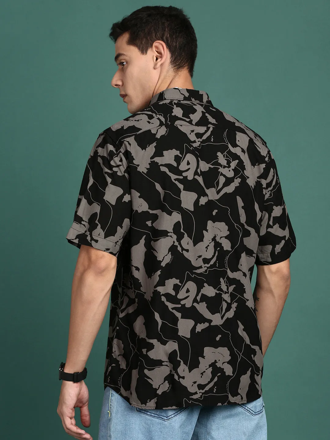 Men Abstract Black Slim Fit Shirt