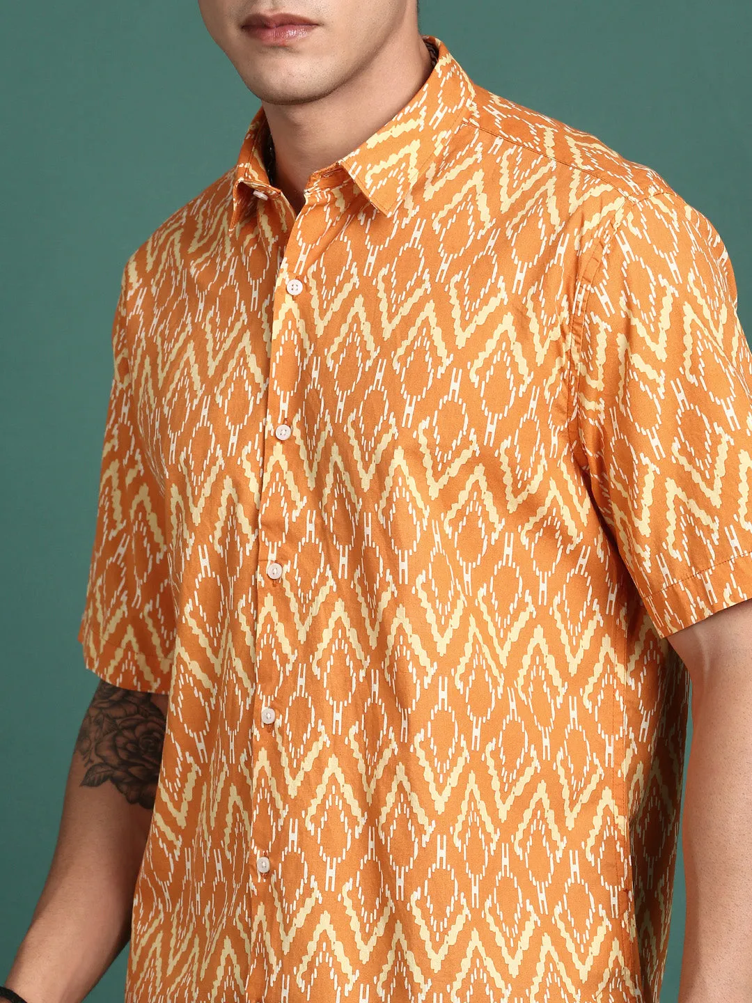 Men Abstract Orange Slim Fit Shirt