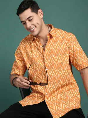 Men Abstract Orange Slim Fit Shirt