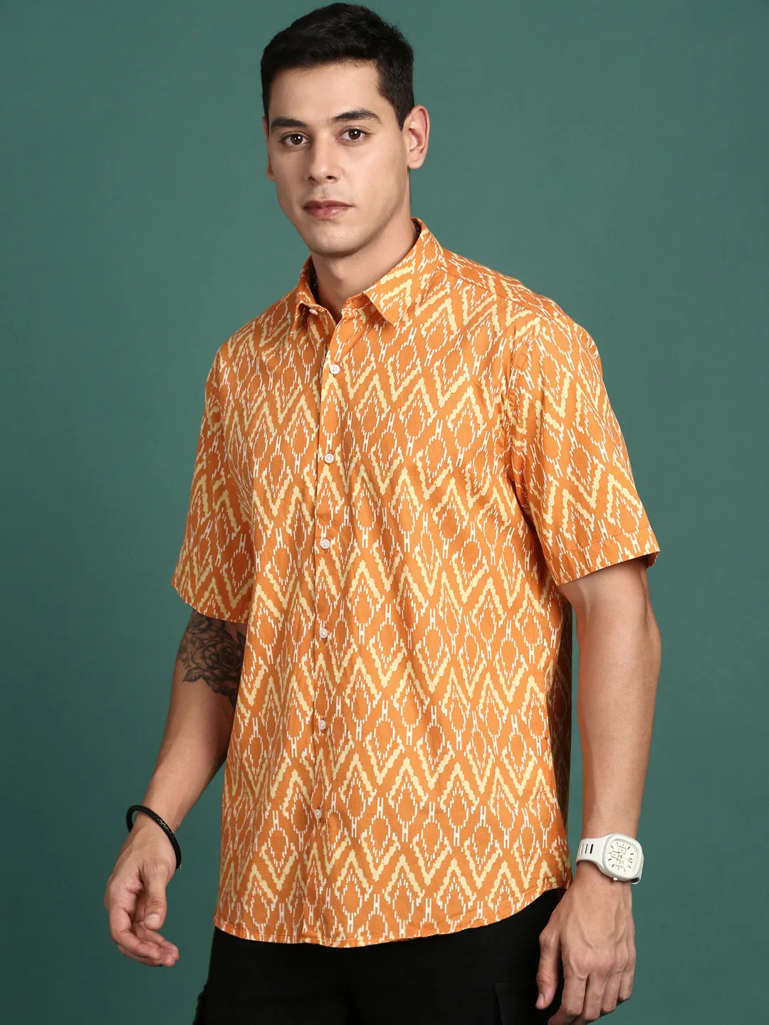 Men Abstract Orange Slim Fit Shirt