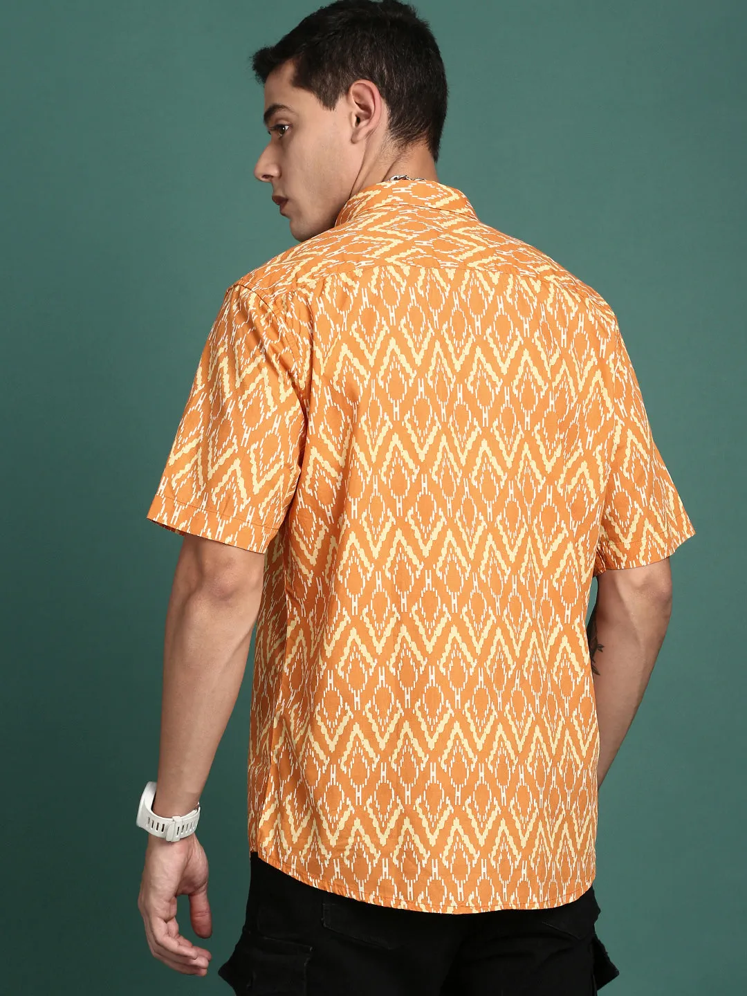 Men Abstract Orange Slim Fit Shirt