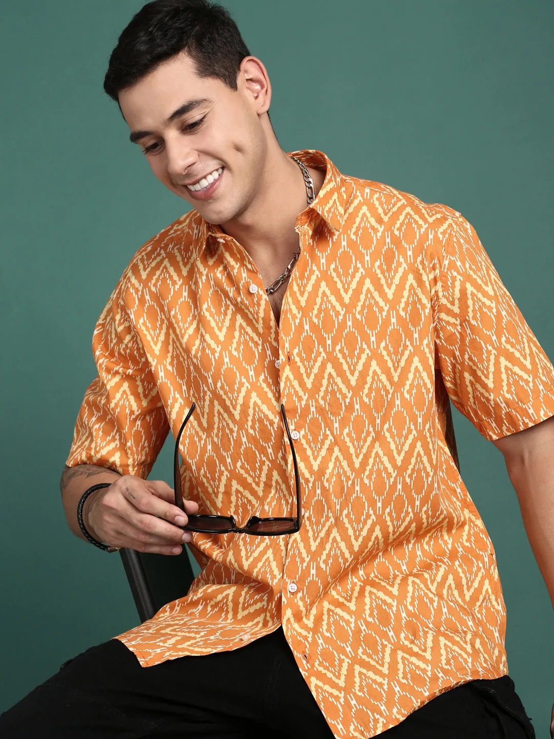 Men Abstract Orange Slim Fit Shirt