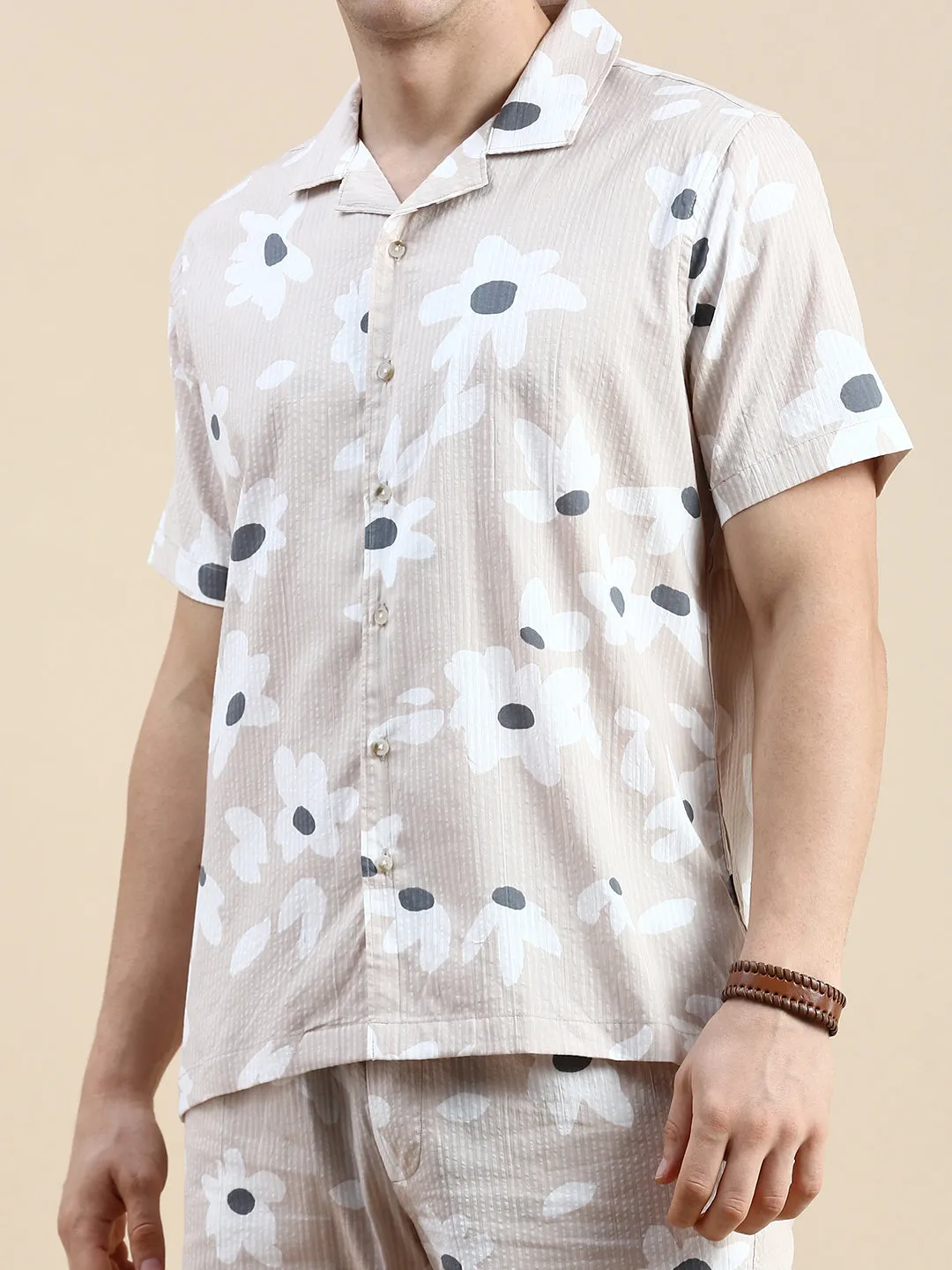 Men Beige Printed Casual Co ord Set