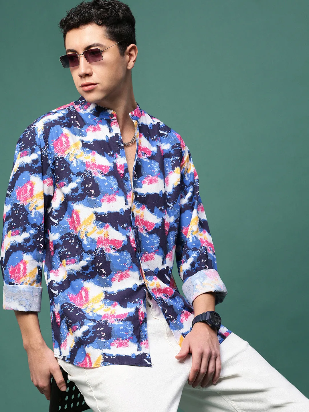 Men Blue Abstract Slim Fit Shirt