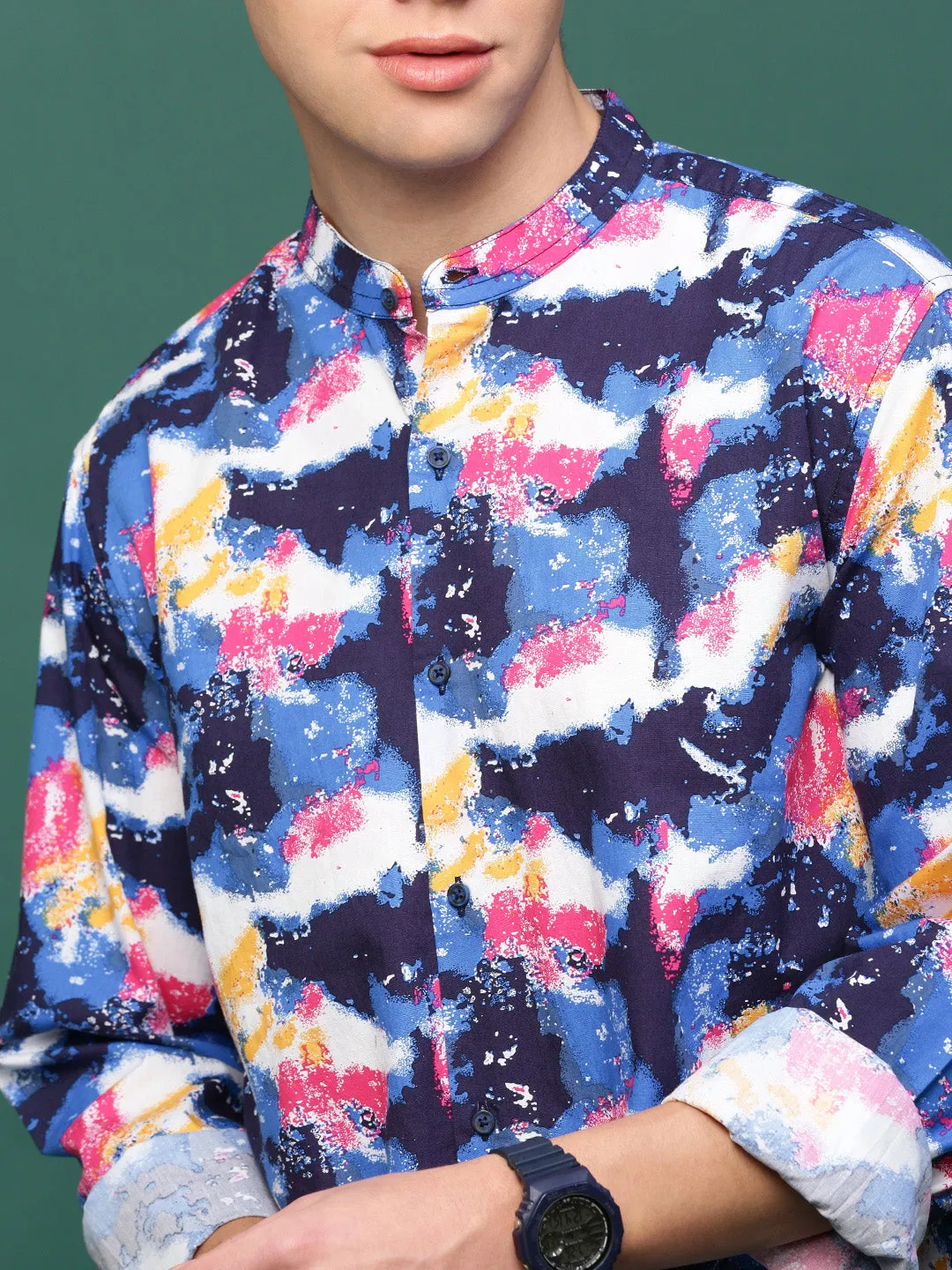 Men Blue Abstract Slim Fit Shirt