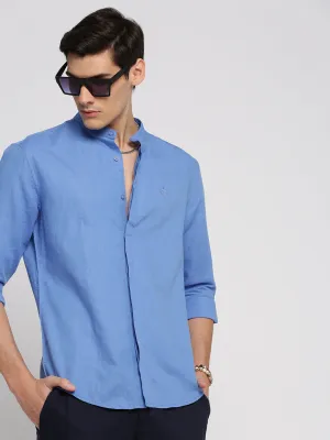 Men Blue Mandarin Collar Solid Shirt