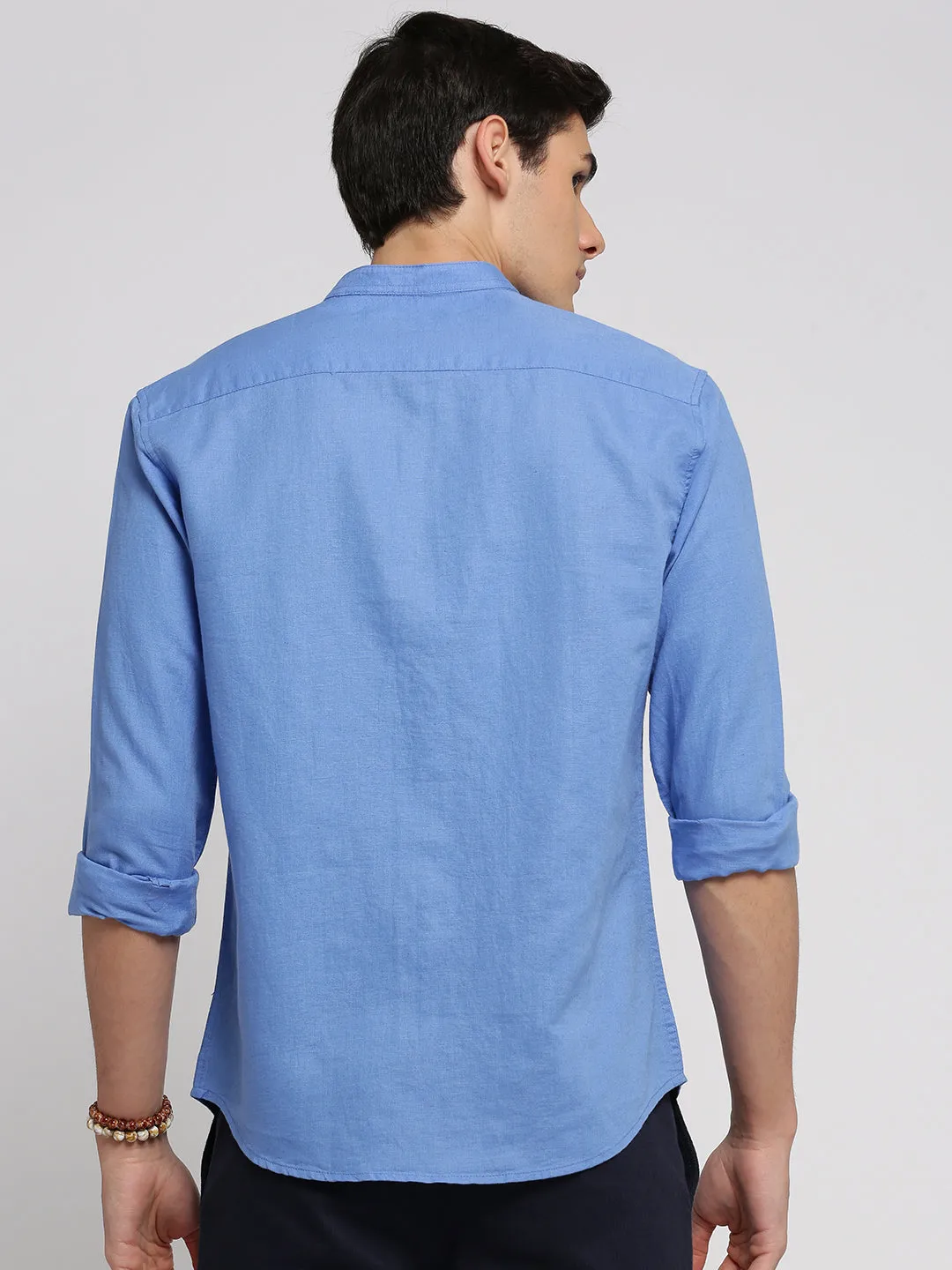 Men Blue Mandarin Collar Solid Shirt