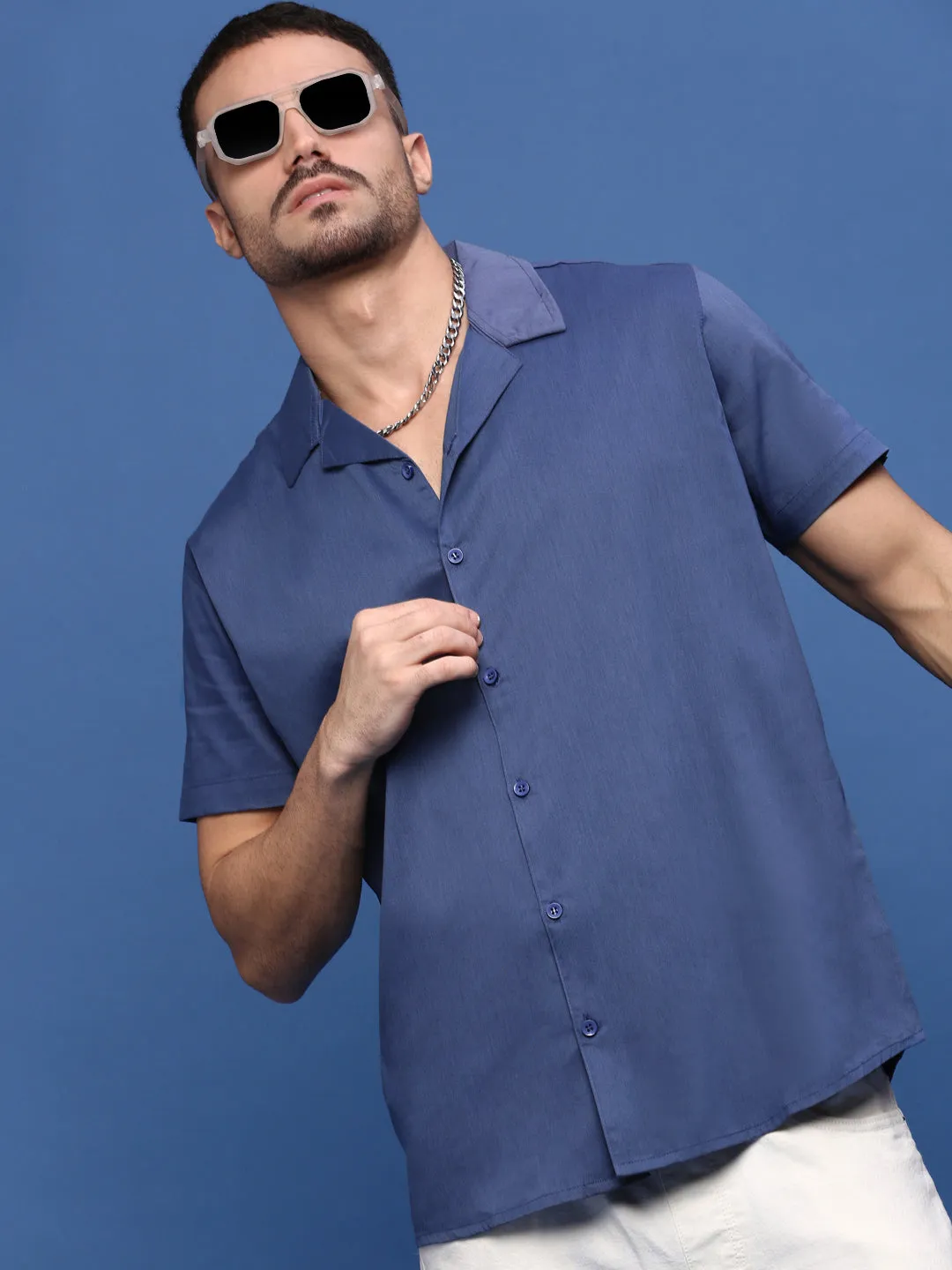 Men Blue Solid Cuban Collar Shirt