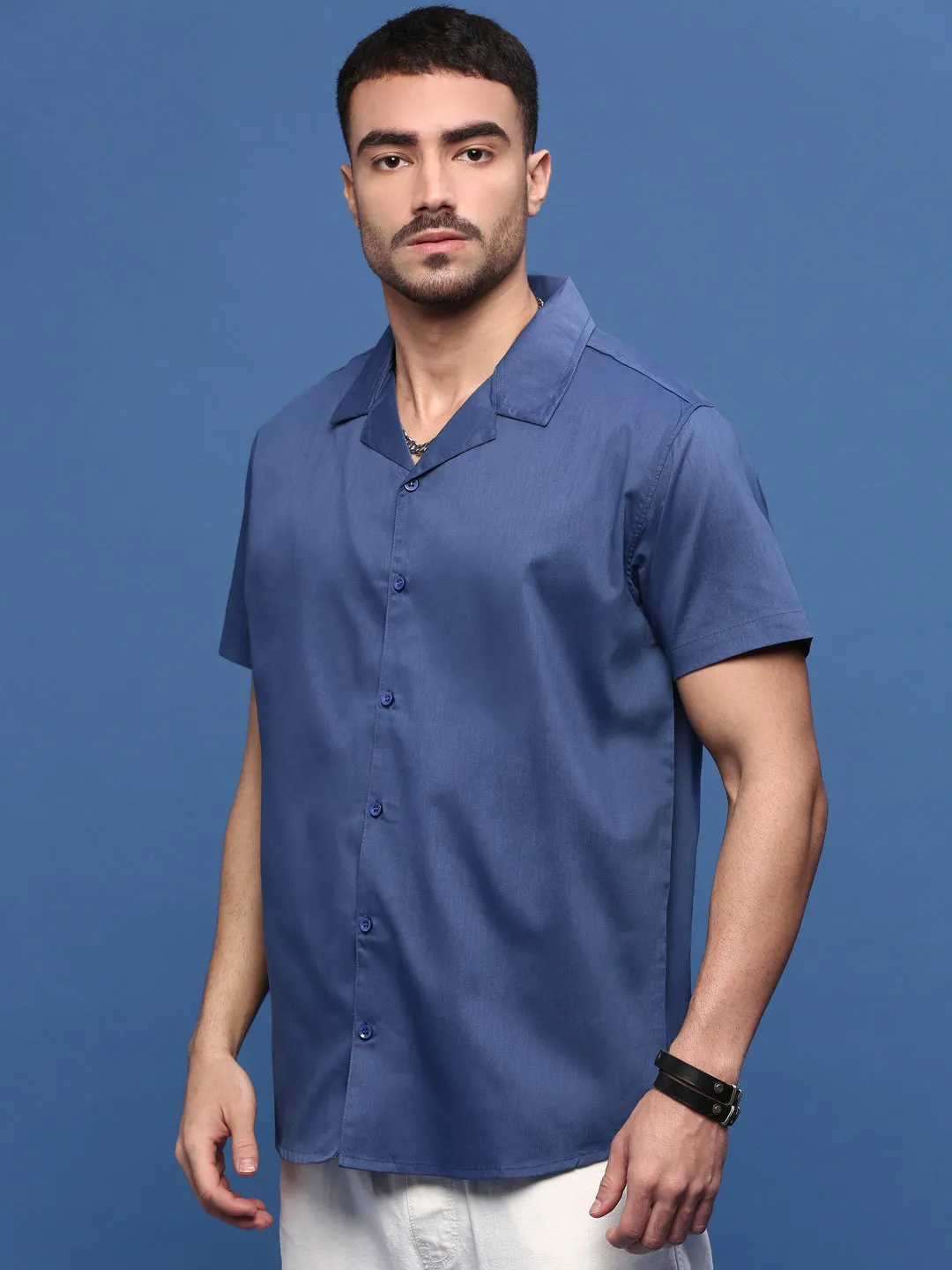 Men Blue Solid Cuban Collar Shirt